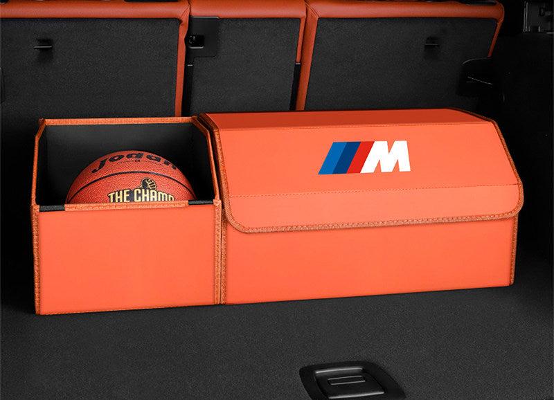 Vitality orange leather BMW M trunk storage box - medium size with extended open basket holding a basketball