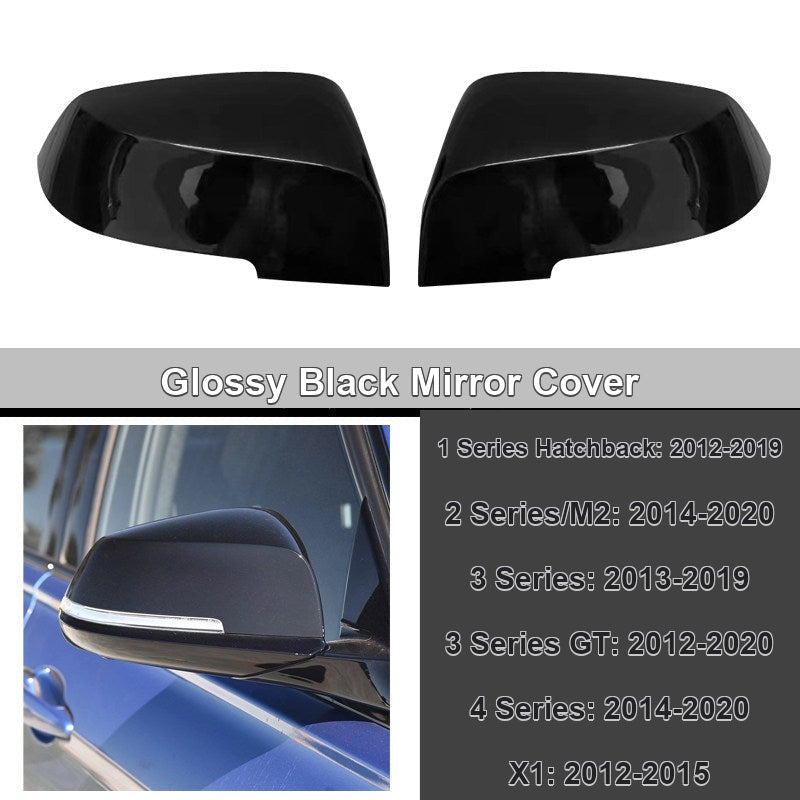 BMW glossy black mirror cover with fitment chart - 1 Series, 2 Series/M2, 3 Series, 3 Series GT, 4 Series, X1
