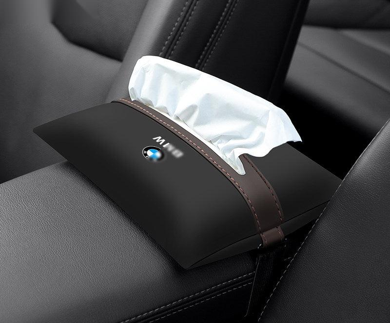 Black leather BMW tissue holder - single pack, mounted on headrest