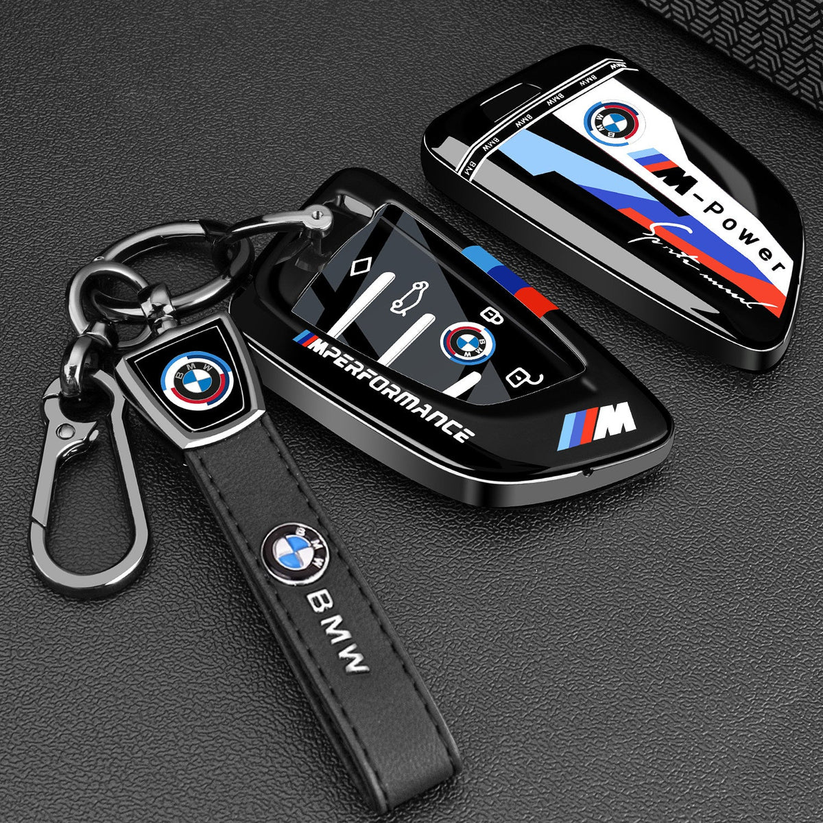 BMW Carbon Black painted key case cover with M-stripe sports strap for 3 5 Series X1 X3 X5 i3 smart key