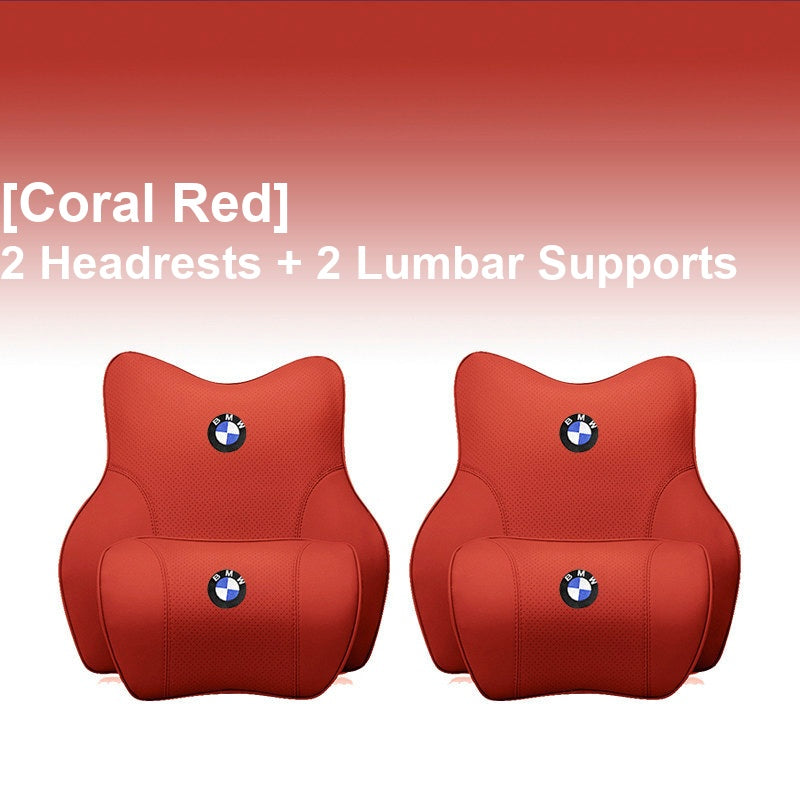 BMW Coral Red - 2 Headrests + 2 Lumbar Supports - Memory Foam Cushion
