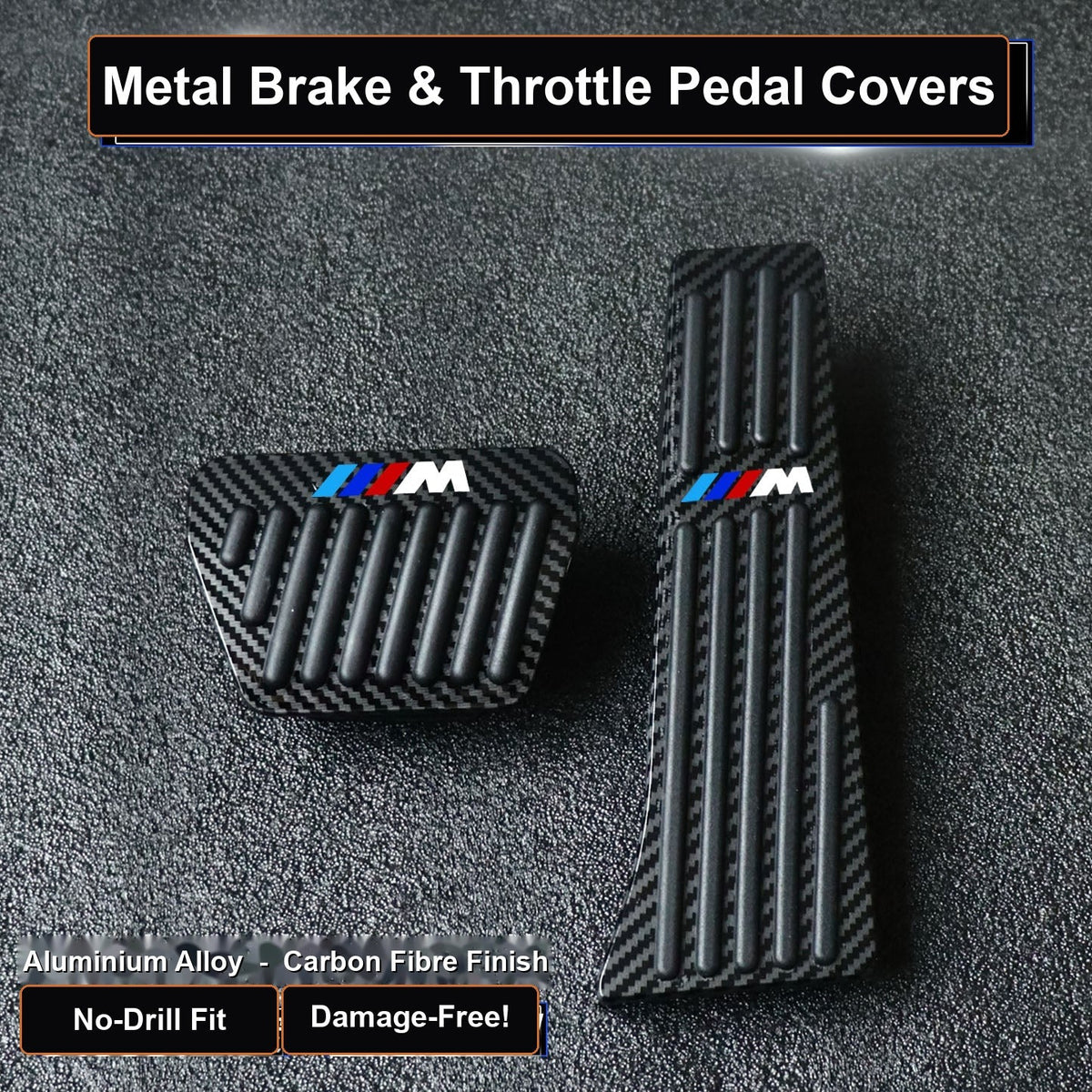 BMW M Sport aluminium alloy pedal covers - no-drill brake and throttle foot pedals with M tri-colour logo