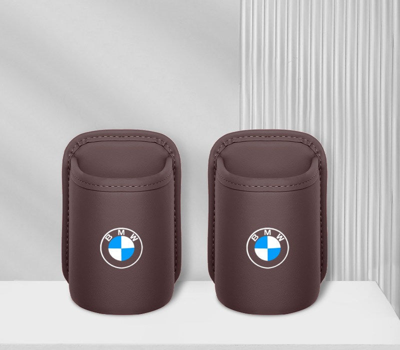 BMW leather car cup holder two piece set, brown with BMW logo