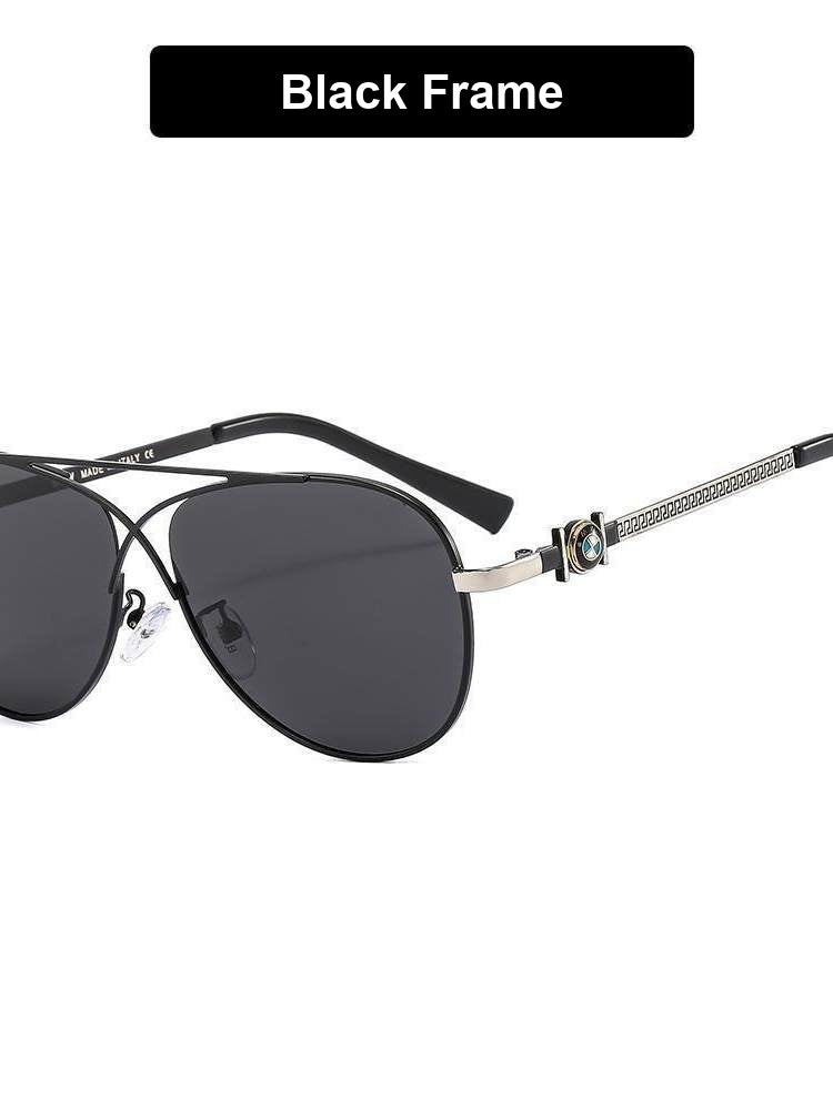 Black frame BMW aviator sunglasses with silver patterned temples