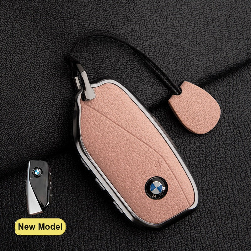 BMW New Model key fob case in Cherry Blossom Pink ALRAN French goat leather with Simple Rope Strap - fits X1 X3 X5 X7, 5/7 Series, 740Li, i7