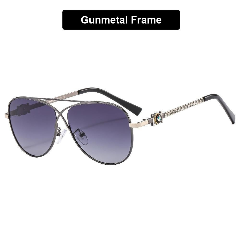Gunmetal frame BMW aviator driving sunglasses with roundel temple accent