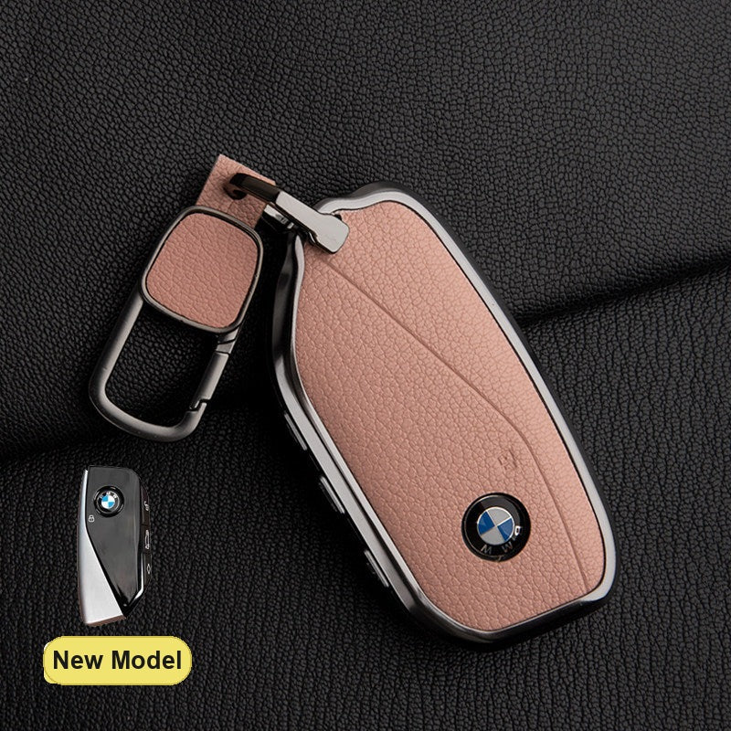 BMW New Model key fob case in Cherry Blossom Pink ALRAN French goat leather with Square Buckle Keyring - fits X1 X3 X5 X7, 5/7 Series, 740Li, i7