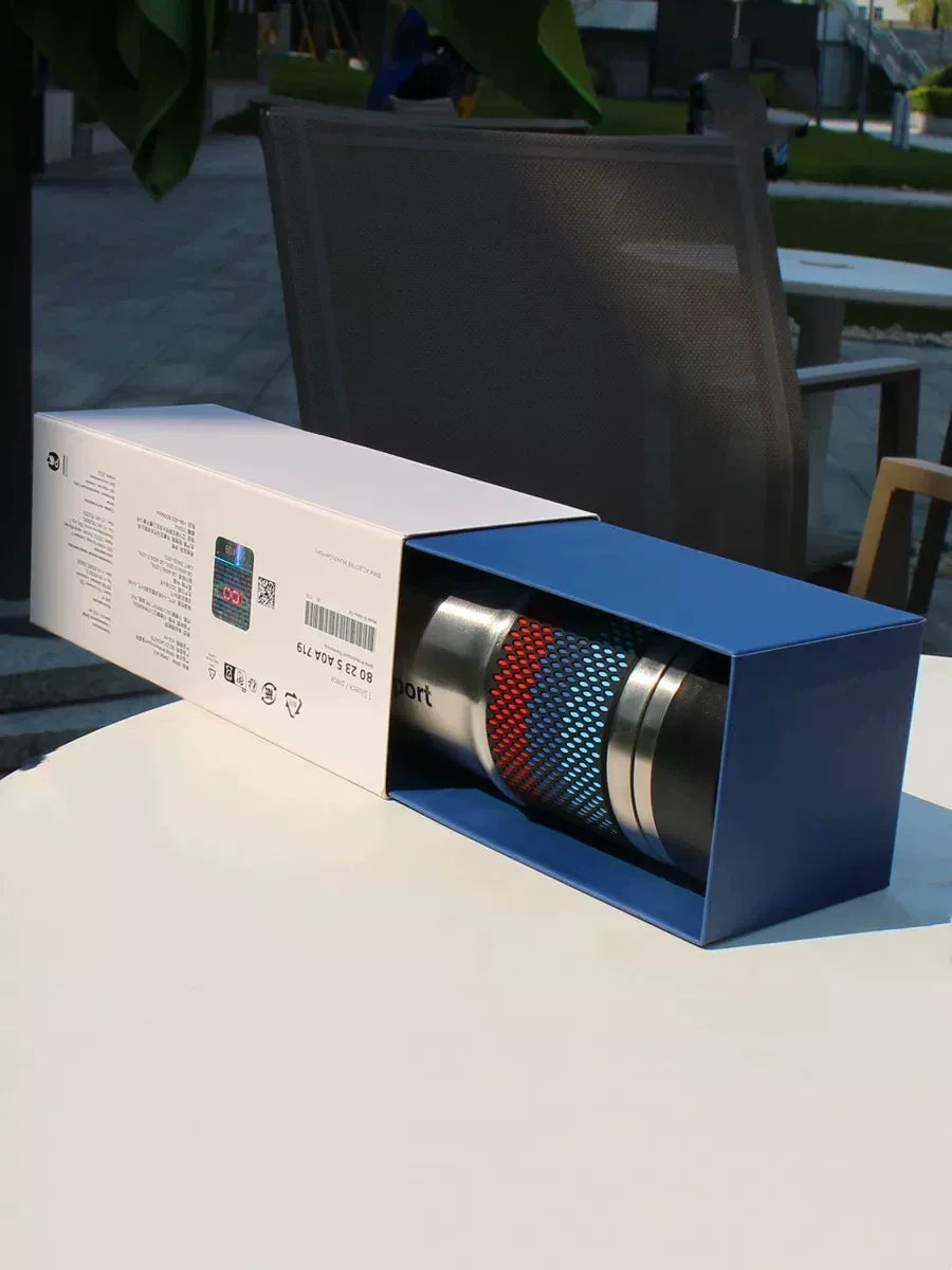 BMW M Motorsport thermos bottle retail box showing product specifications on side panel
