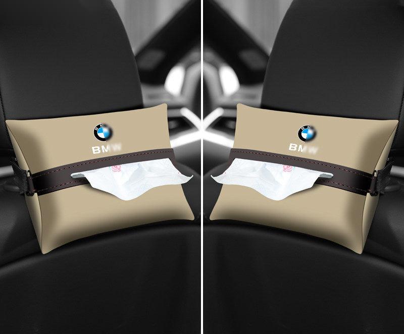 Beige leather BMW tissue holder - set of 2, mounted on both front headrests