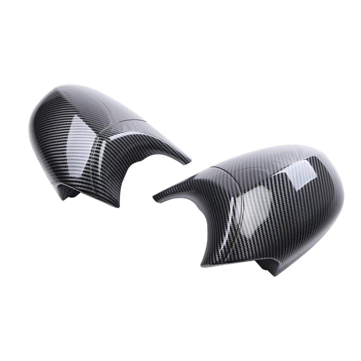 BMW glossy black horn mirror cover pair on white background