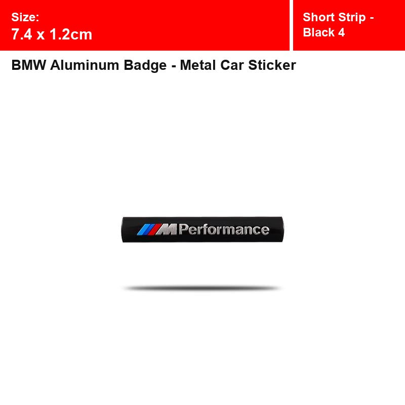 BMW aluminum badge, Short Strip - Black 4 design, size 7.4 x 1.2cm