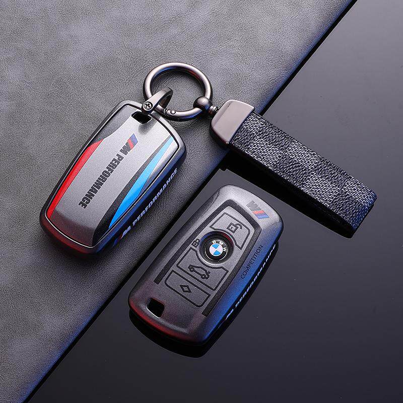 BMW Style A F-Series key fob case, black shell, plaid cord strap keychain