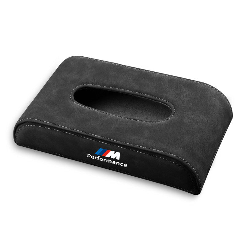 BMW suede tissue box holder - M Performance logo, angled view