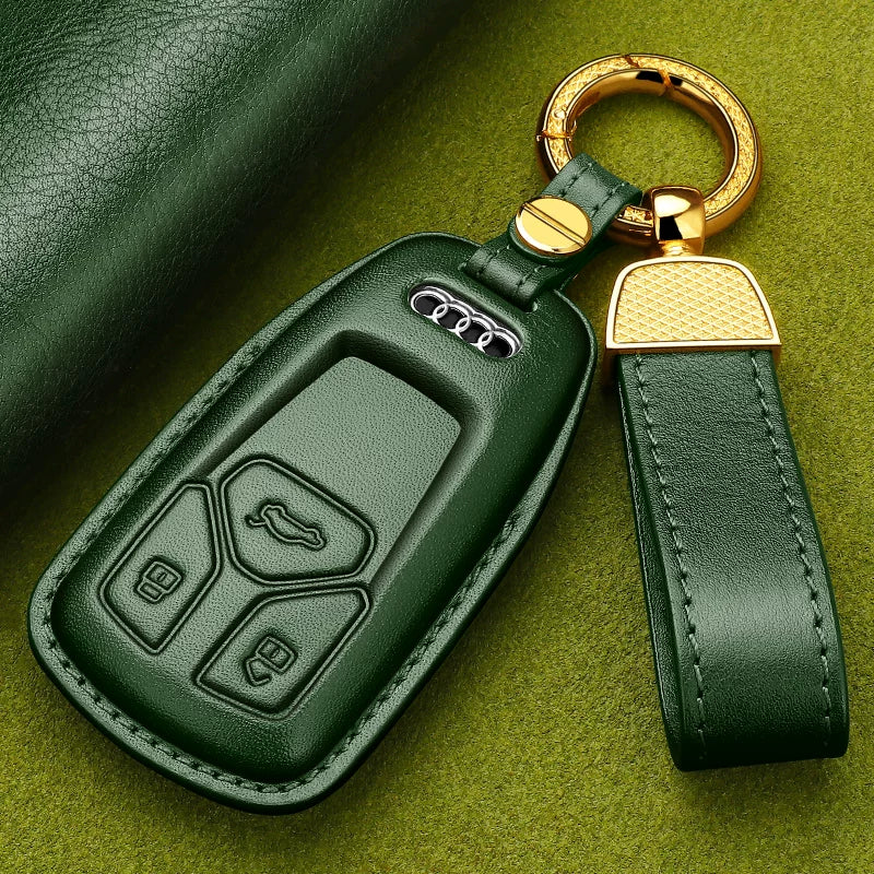 Audi Heritage Top-Grain Leather Key Case – Handcrafted Cowhide with Signature Keyring