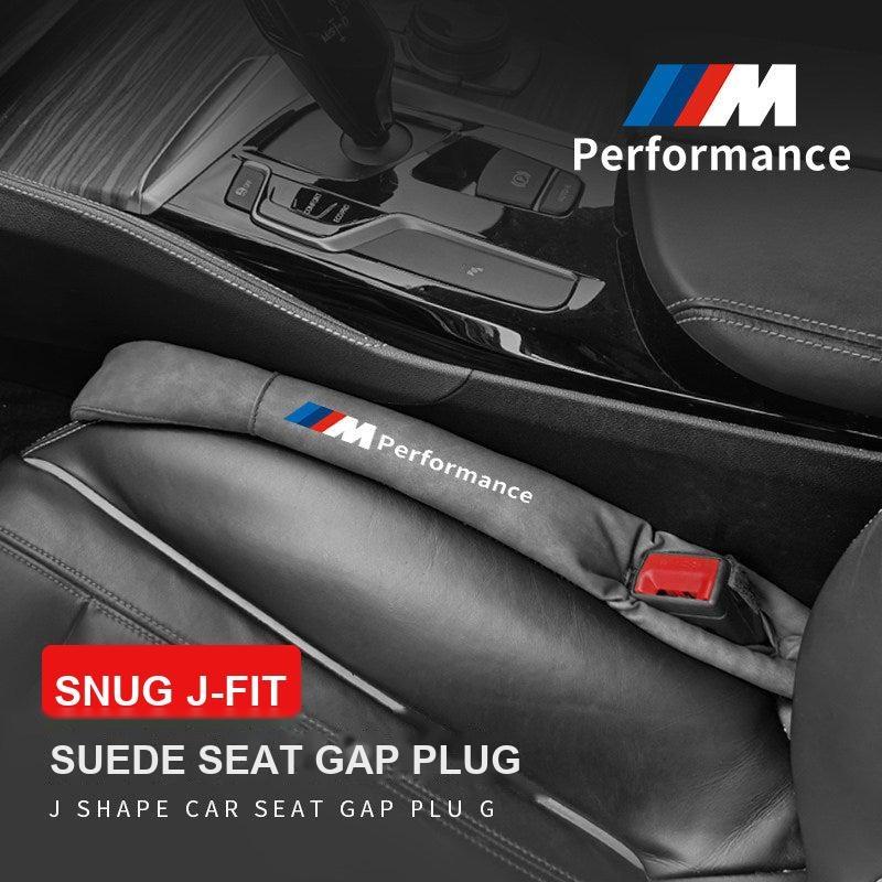 BMW suede J-shape seat gap plug installed in front seat console gap