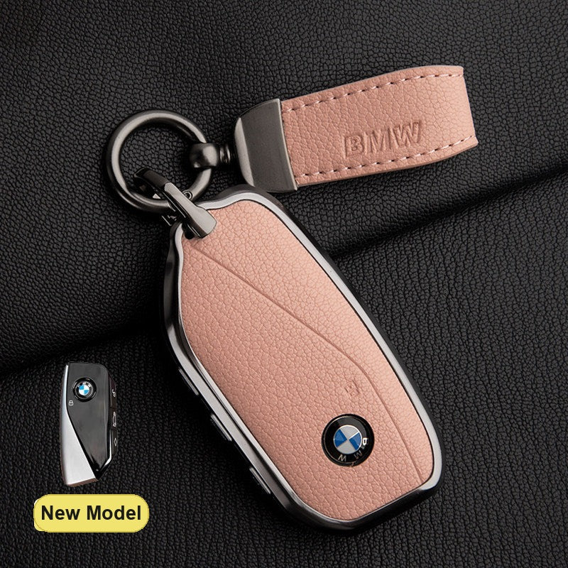 BMW New Model key fob case in Cherry Blossom Pink ALRAN French goat leather with BMW Pendant Keyring - fits X1 X3 X5 X7, 5/7 Series, 740Li, i7