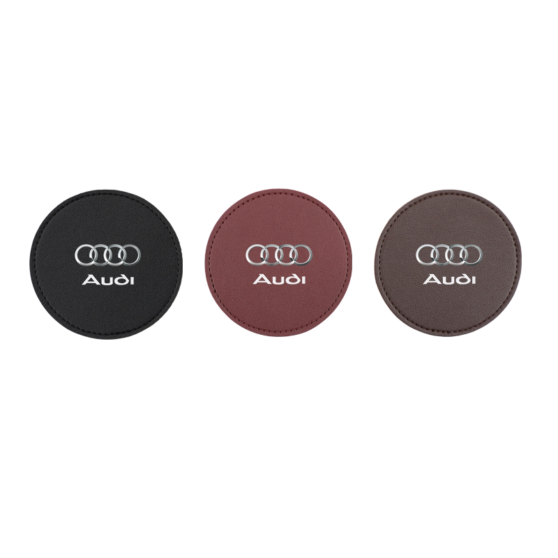 Audi leather cup coasters in Premium Black, Volcano Red and Mocha Brown