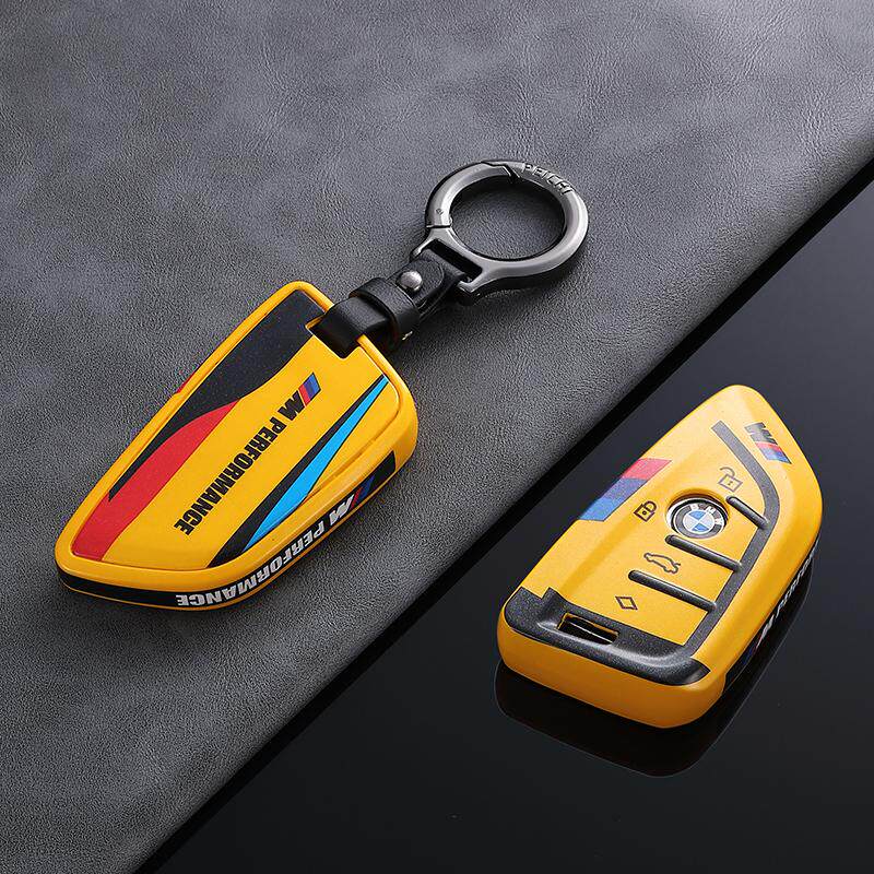 BMW Style B G-Series key fob case, yellow shell, black leather buckle keychain