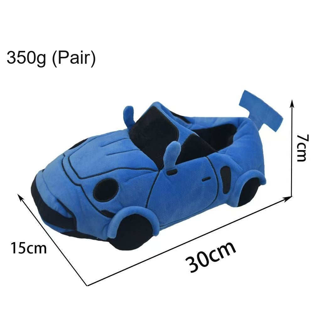Blue Porsche-style sports car plush slippers with spoiler, 350g pair