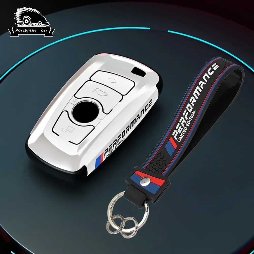 BMW white silver key case with black keychain