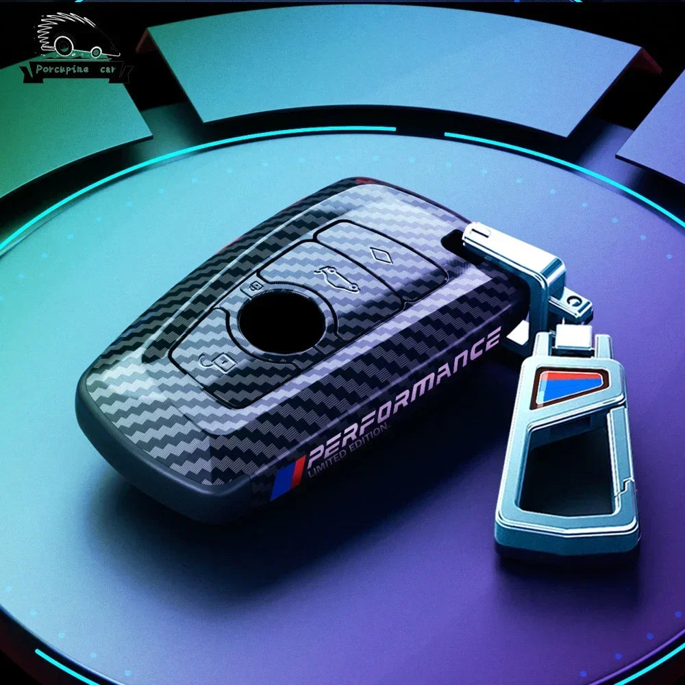BMW navy carbon fiber key case with keychain