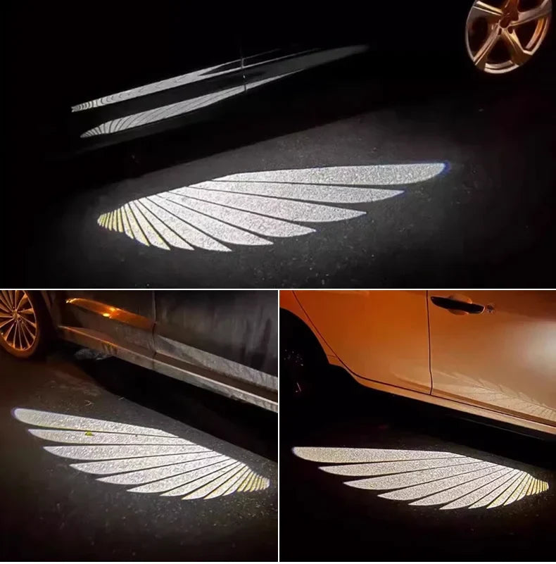 LED angel wing welcome light projected on ground beside car