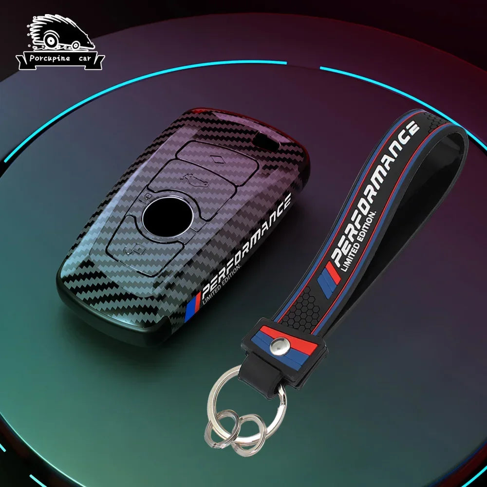 BMW black carbon fiber key case close-up