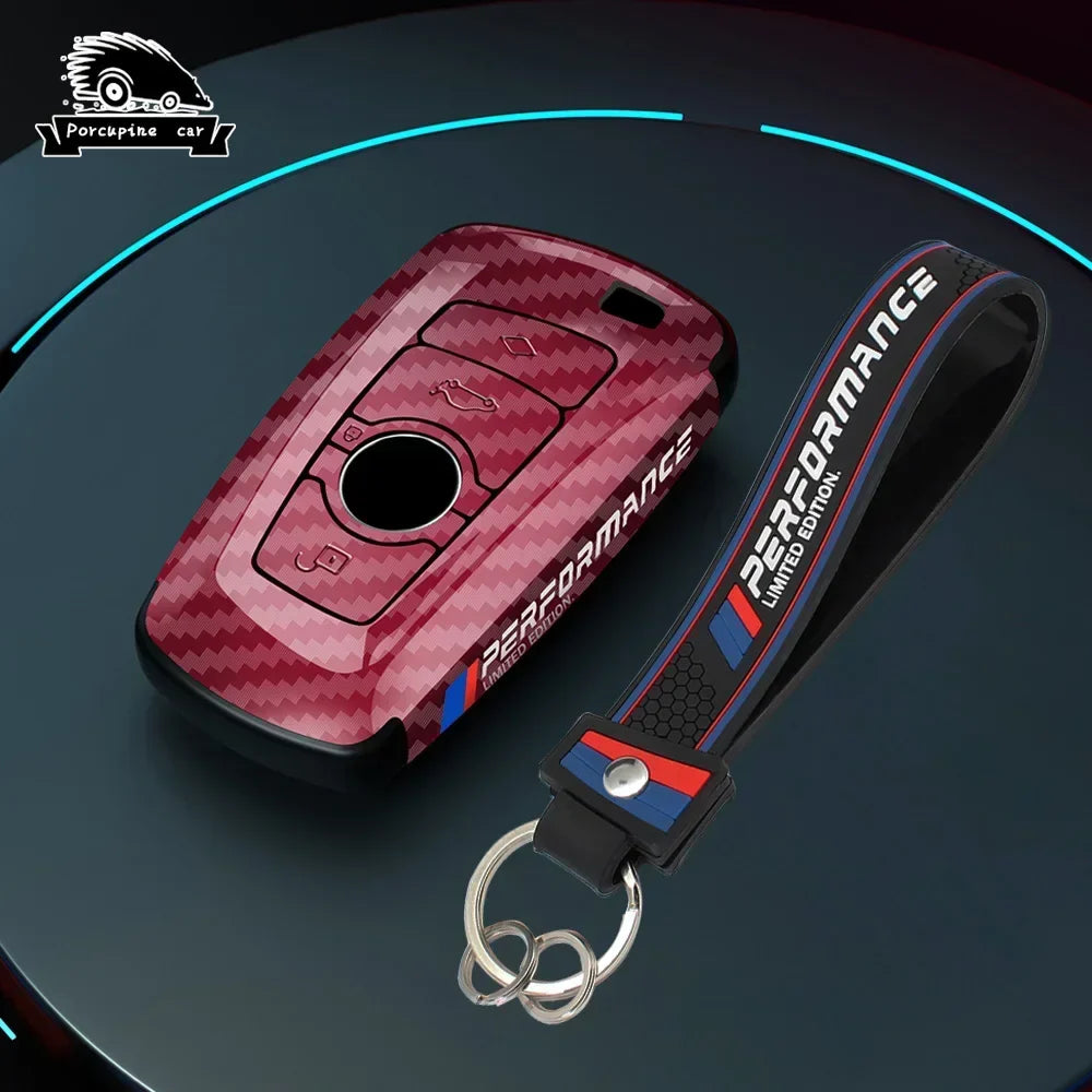 BMW dark red carbon fiber key case with keychain