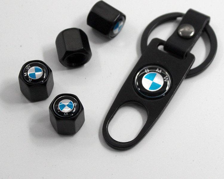BMW roundel black tire valve caps with keychain wrench