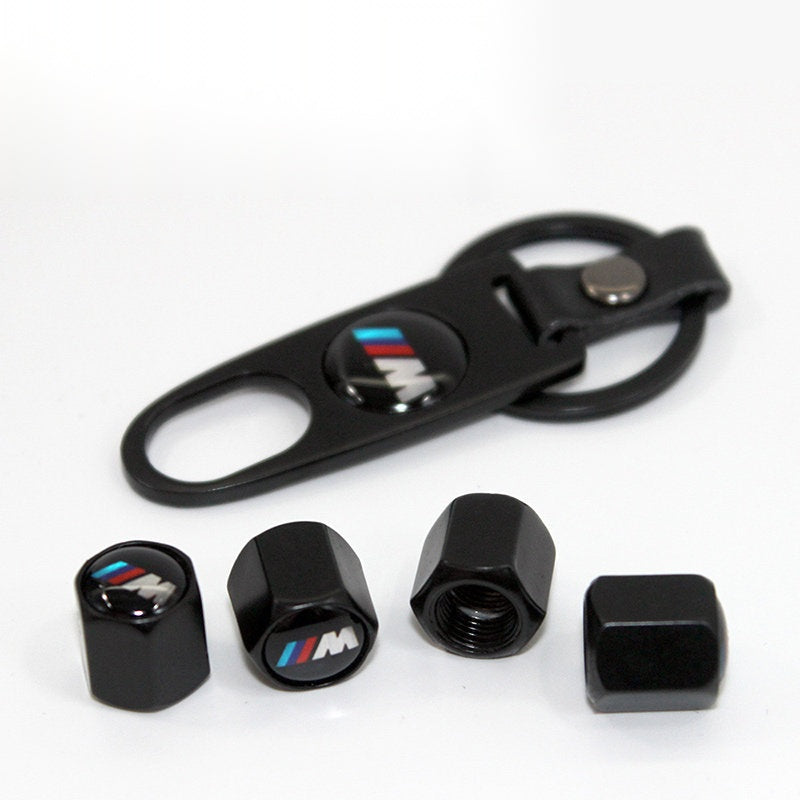 BMW M matte black tire valve caps with keychain wrench