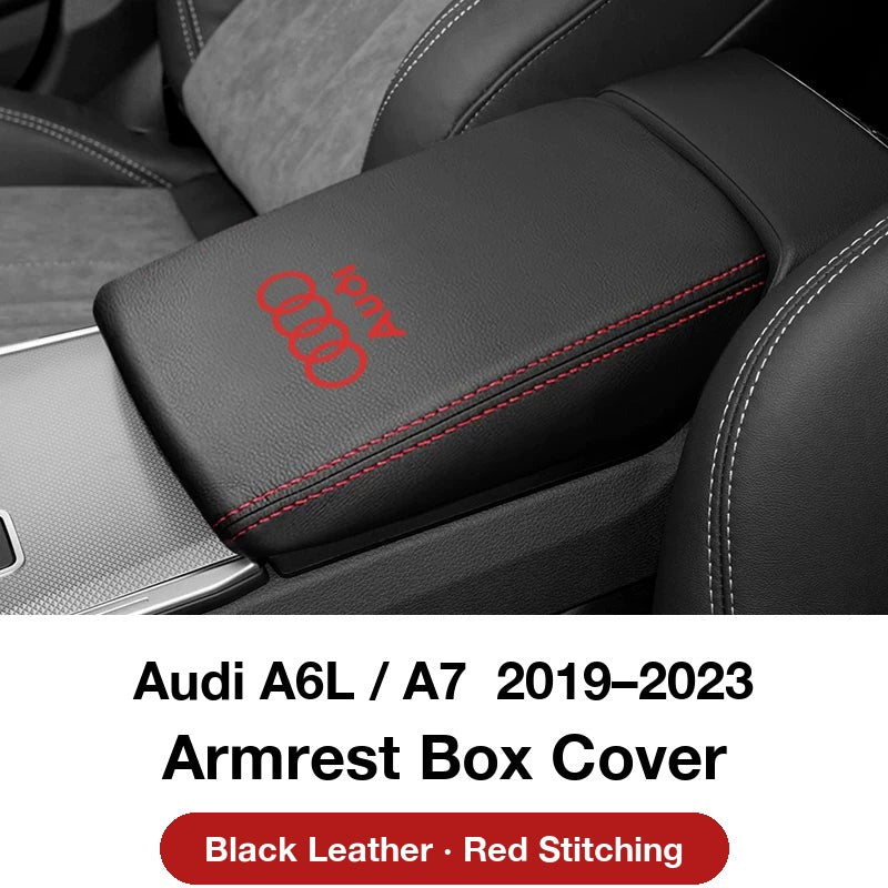 Audi A6L / A7 2019–2023 armrest box cover – Black Leather with Red Stitching