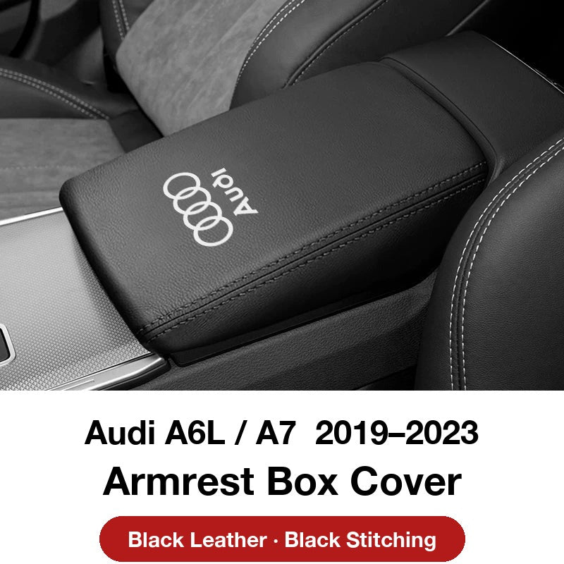 Audi A6L / A7 2019–2023 armrest box cover – Black Leather with Black Stitching