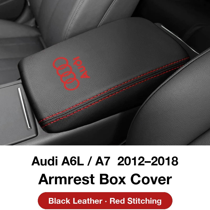 Audi A6L / A7 2012–2018 armrest box cover – Black Leather with Red Stitching