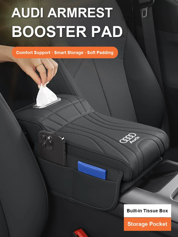 Audi armrest booster pad with built-in tissue box and side storage pocket