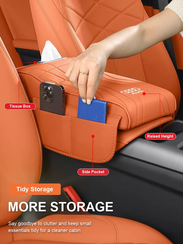 Audi armrest booster with tissue box, raised height and side pocket