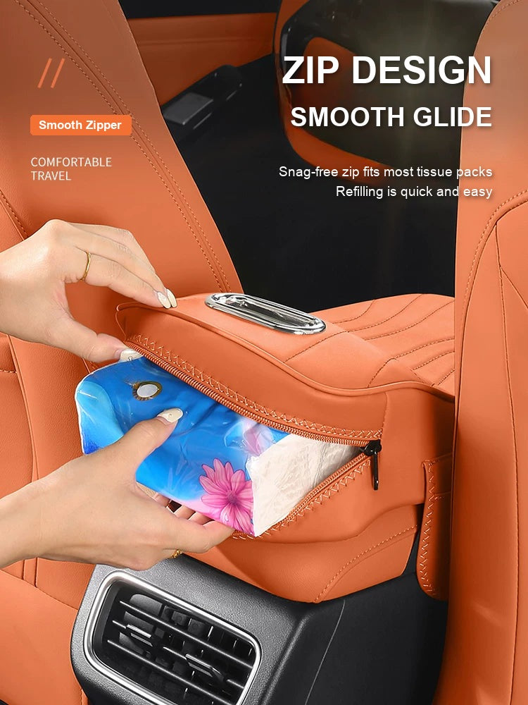 Smooth zipper tissue compartment on the Audi armrest booster