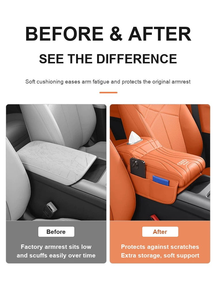 Before and after: factory armrest vs Audi armrest booster pad