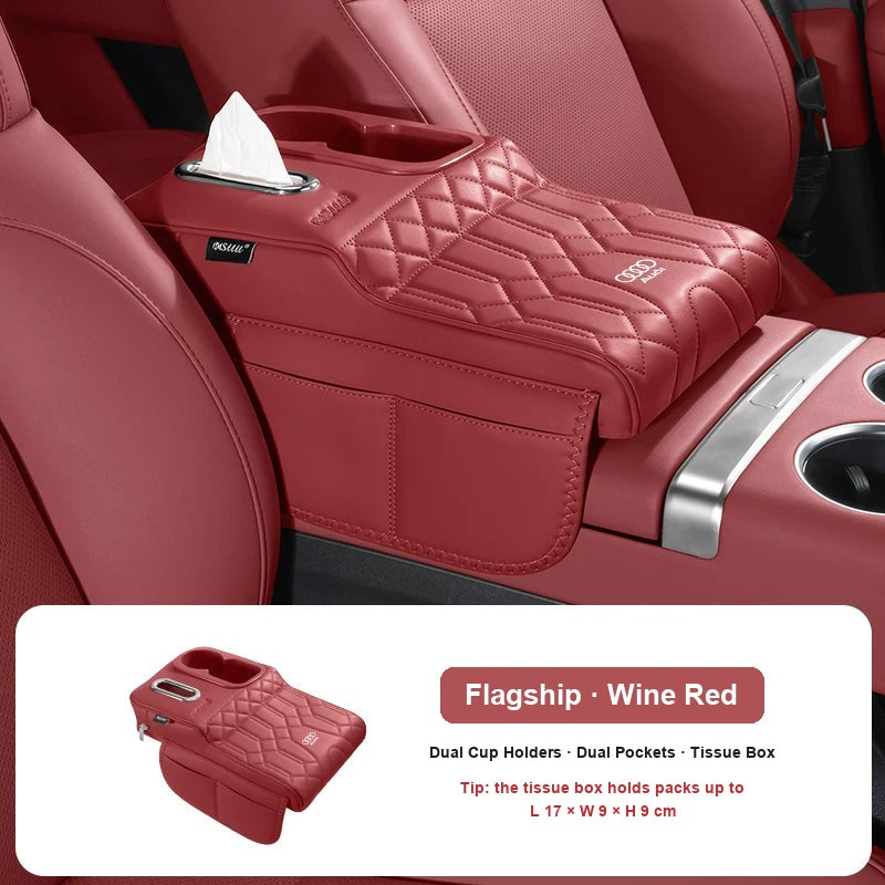Flagship Audi armrest booster with cup holders in Wine Red