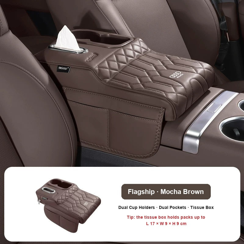 Flagship Audi armrest booster with cup holders in Mocha Brown