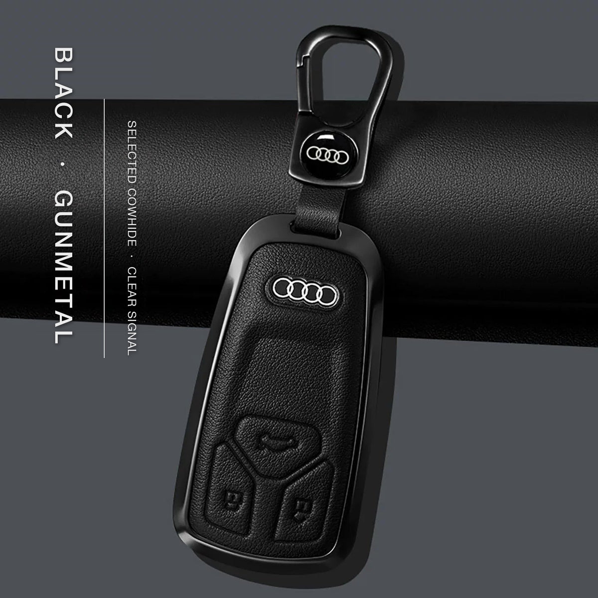 Audi Signature Bezel Key Case – Black cowhide, gunmetal frame with keychain, Type A key