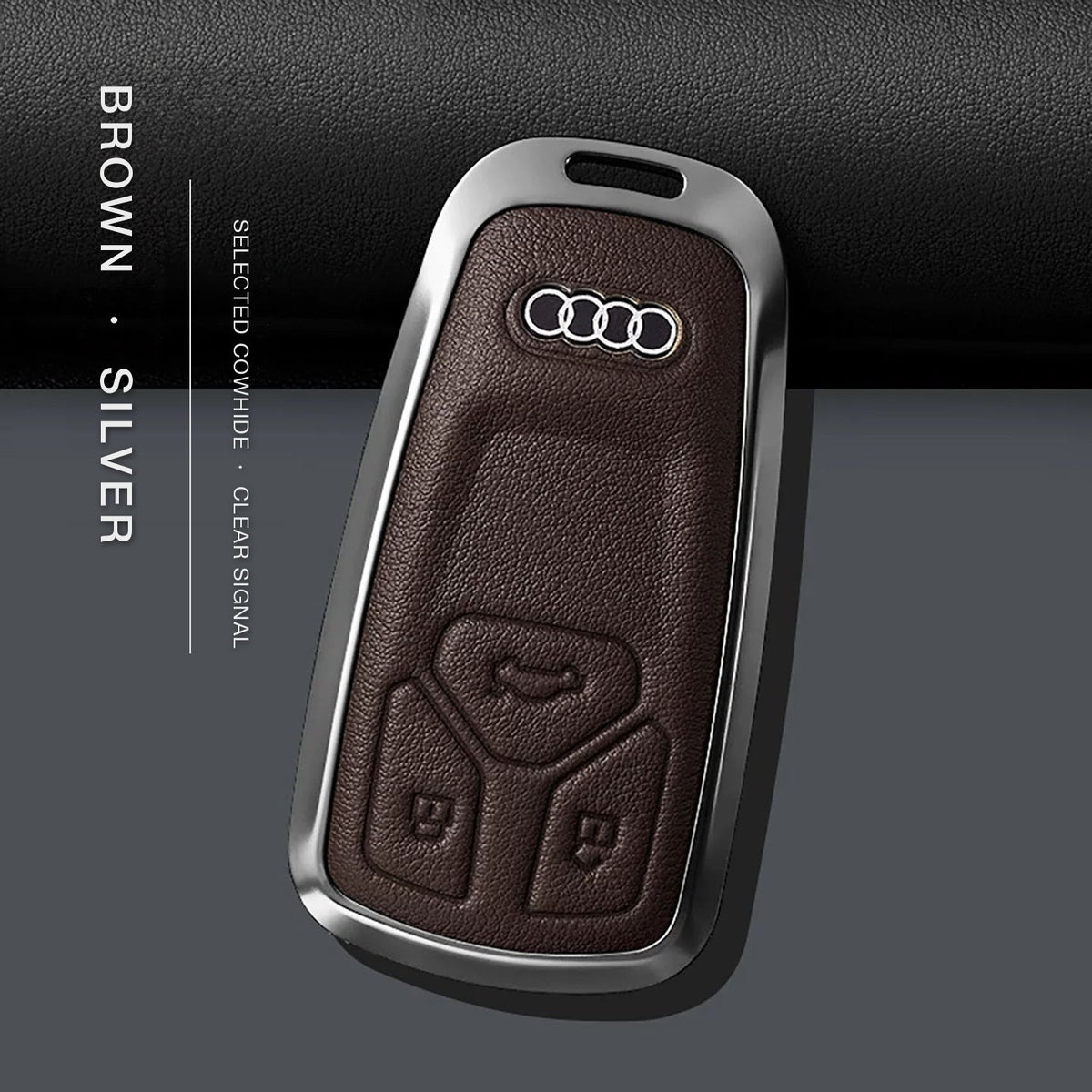 Audi Signature Bezel Key Case – Brown cowhide, silver frame (case only), Type A key