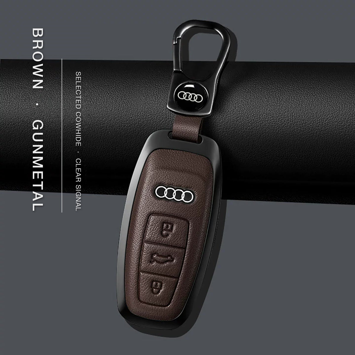 Audi Signature Bezel Key Case – Brown cowhide, gunmetal frame with keychain, Type B key