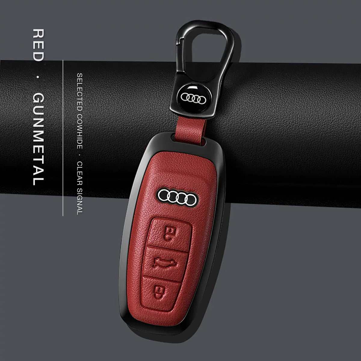 Audi Signature Bezel Key Case – Red cowhide, gunmetal frame with keychain, Type B key