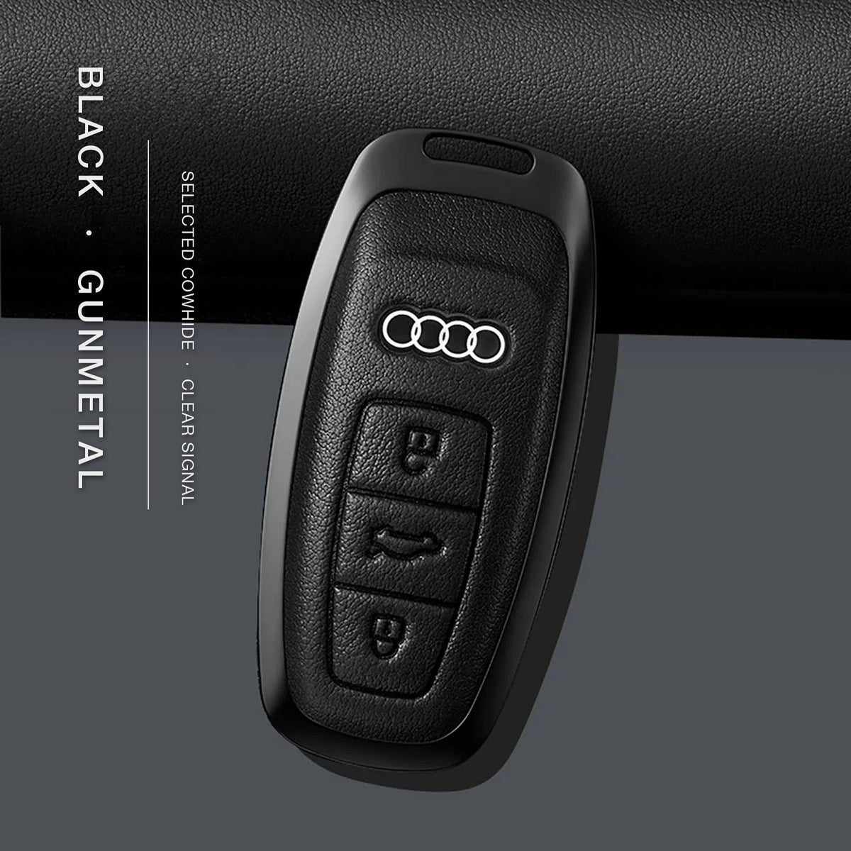 Audi Signature Bezel Key Case – Black cowhide, gunmetal frame (case only), Type B key