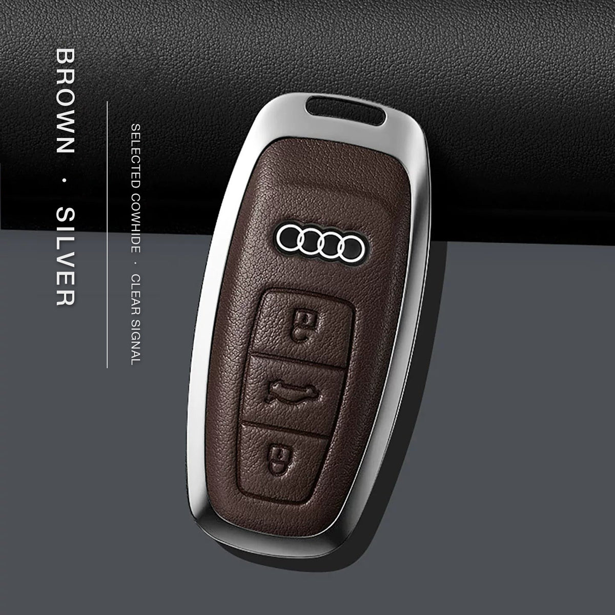 Audi Signature Bezel Key Case – Brown cowhide, silver frame (case only), Type B key