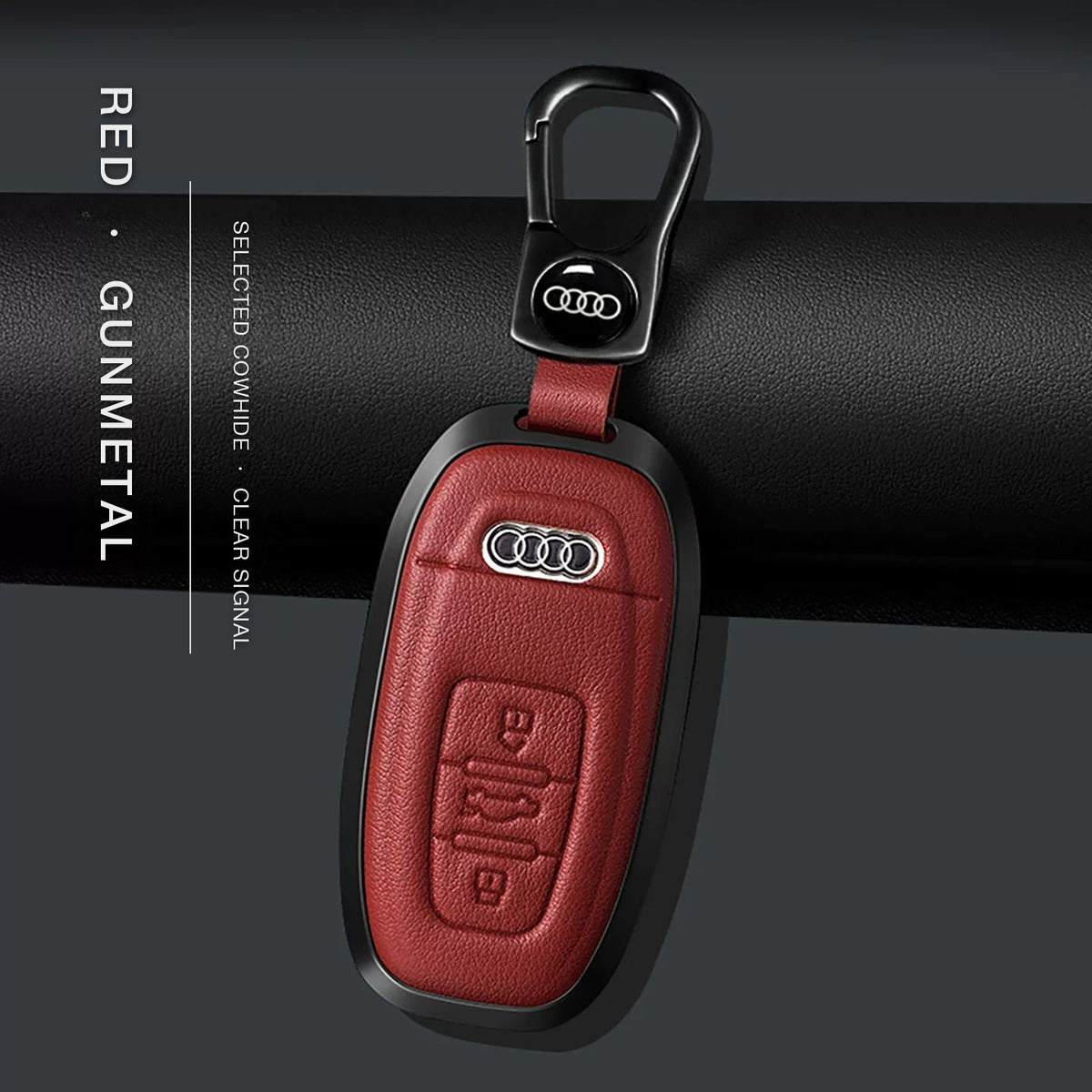 Audi Signature Bezel Key Case – Red cowhide, gunmetal frame with keychain, Type C key