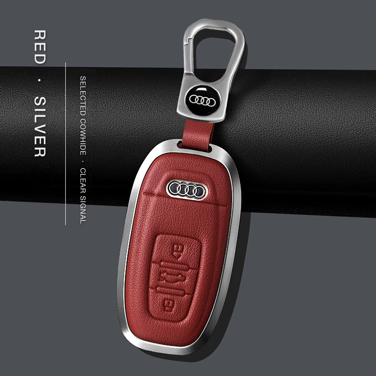 Audi Signature Bezel Key Case – Red cowhide, silver frame with keychain, Type C key