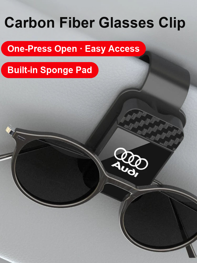 Black Audi carbon fiber sunglasses clip with built-in sponge pad