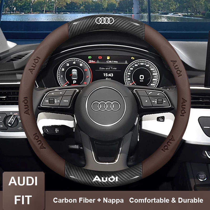 Audi carbon fiber and nappa steering wheel cover in brown