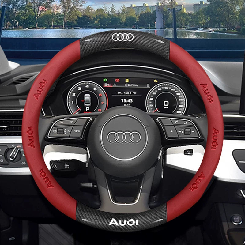 Audi carbon fiber and nappa steering wheel cover in red